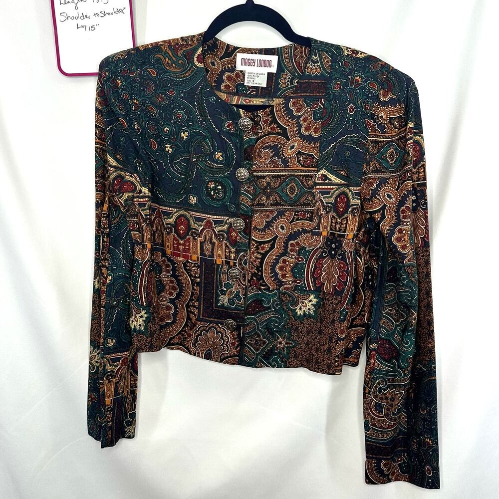 Vtg 1990s Maggy London Green Gold Bolero Jacket Size 8 Bohemian Dark Academia - Picture 1 of 5